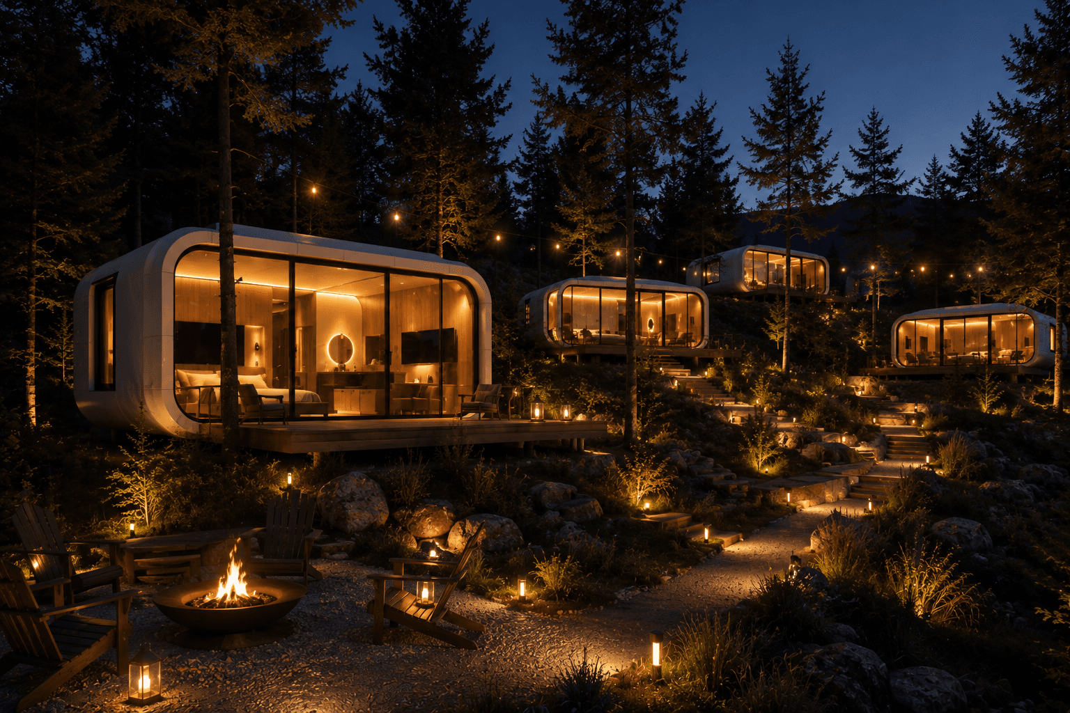 Glamping resort with MIR capsule units set in forest landscape